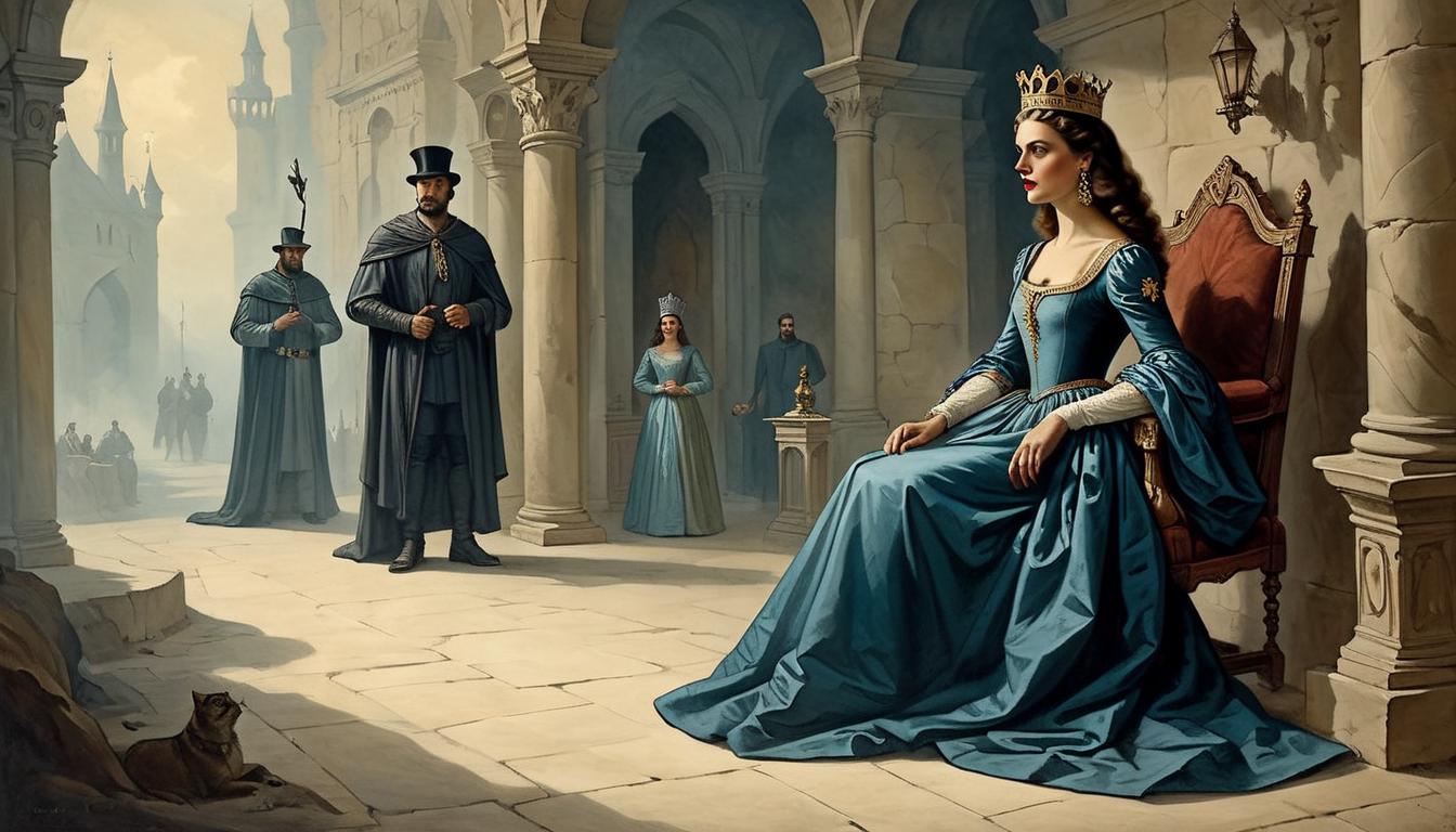  on parchment, surrealism+++, Esther in royal garments, looking over her shoulder, shadow of a looming figure in the background, tension, heritage, dignified(mysterious, provocative, symbolic,muted color)+++