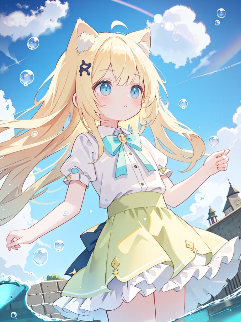  Blond, girl, soap bubbles, skirts, cat ears, sea, sky, long hair, looking up, emo, masterpiece, best quality,8k,ultra detailed,high resolution,an extremely delicate and beautiful,hyper detail