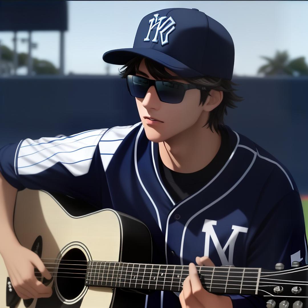  A 17-year old male baseball pitcher with short dark blue hair, gray eyes, and sunglasses wearing a navy blue and white pinstripe baseball uniform with a hat and cleats playing an acoustic guitar near an oceanside baseball field., ((best quality)), ((masterpiece)), highly detailed, absurdres, HDR 4K, 8K
