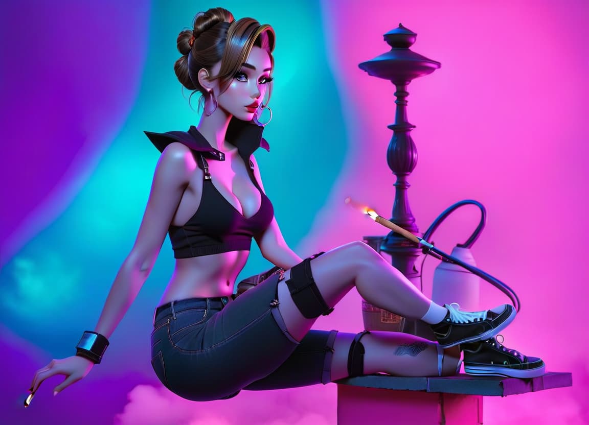  A girl is sitting on a roof against the backdrop of a night city, her hair is in a bun, her hair is dark, holding a cigarette, wearing denim shorts and white sneakers, and her look is in profile. hyperrealistic, full body, detailed clothing, highly detailed, cinematic lighting, stunningly beautiful, intricate, sharp focus, f/1. 8, 85mm, (centered image composition), (professionally color graded), ((bright soft diffused light)), volumetric fog, trending on instagram, trending on tumblr, HDR 4K, 8K