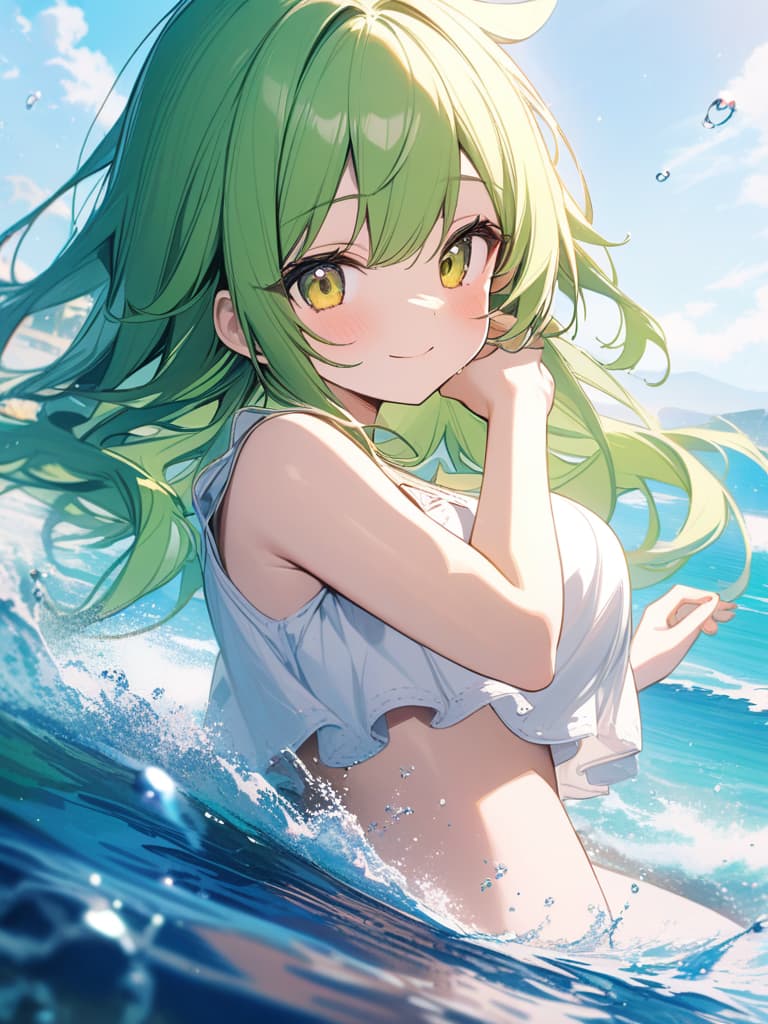  Cute, , big eyes, smiles, smiles, yellow green hair color, yellow green eyes, sea, beautiful scenery, water splashes, , ,, stomach, masterpiece, best quality,8k,ultra detailed,high resolution,an extremely delicate and beautiful,hyper detail