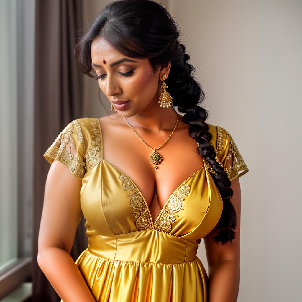  The image shows a Indian woman wearing a yellow nightgown. The nightgown is made of satin and has a floral pattern embroidered on the front. It has a V neckline and short sleeves, at bedroom, Clean Face of Jodie Comer, Bindi, ear rings, Bangles, small mangalsutra Necklace, long hair braid, portrait, spr, chubby hyperrealistic, full body, detailed clothing, highly detailed, cinematic lighting, stunningly beautiful, intricate, sharp focus, f/1. 8, 85mm, (centered image composition), (professionally color graded), ((bright soft diffused light)), volumetric fog, trending on instagram, trending on tumblr, HDR 4K, 8K