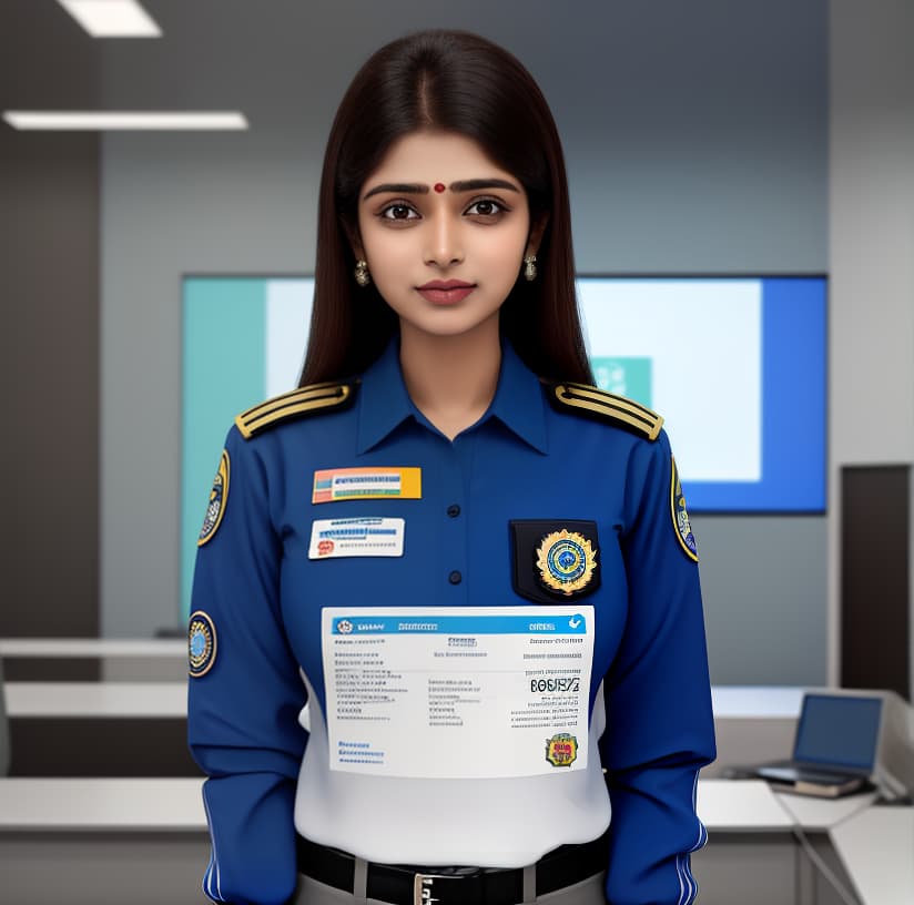  Masterpiece, best quality, an Indian female customer service agent with a badge that says BRP FUND and a corporate backdrop behind it.