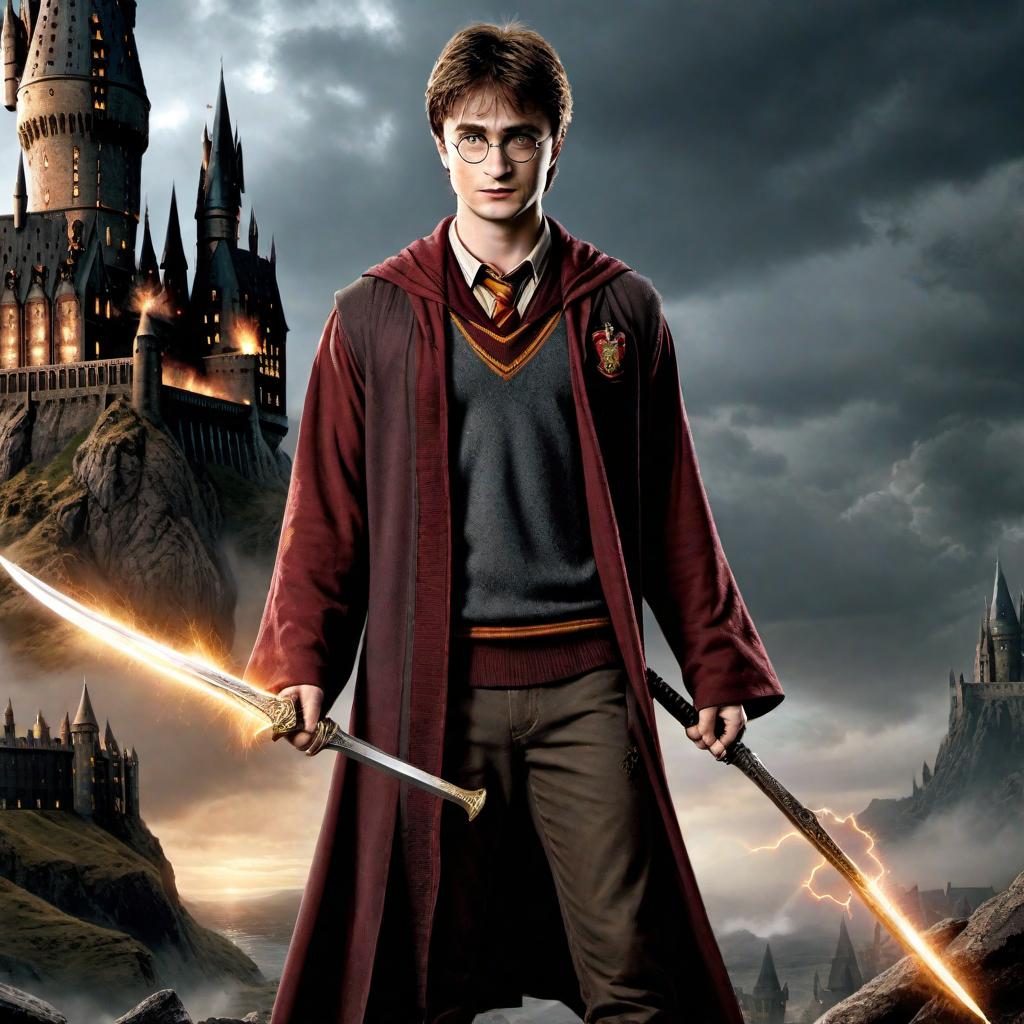  Harry Potter holding the sword of Gryffindor, wearing battle-torn clothes. The lightning bolt scar on his head is fading, and behind him is Hogwarts after the battle. The scene is intense and emotionally charged, with signs of the battle evident on both Harry and the castle. hyperrealistic, full body, detailed clothing, highly detailed, cinematic lighting, stunningly beautiful, intricate, sharp focus, f/1. 8, 85mm, (centered image composition), (professionally color graded), ((bright soft diffused light)), volumetric fog, trending on instagram, trending on tumblr, HDR 4K, 8K