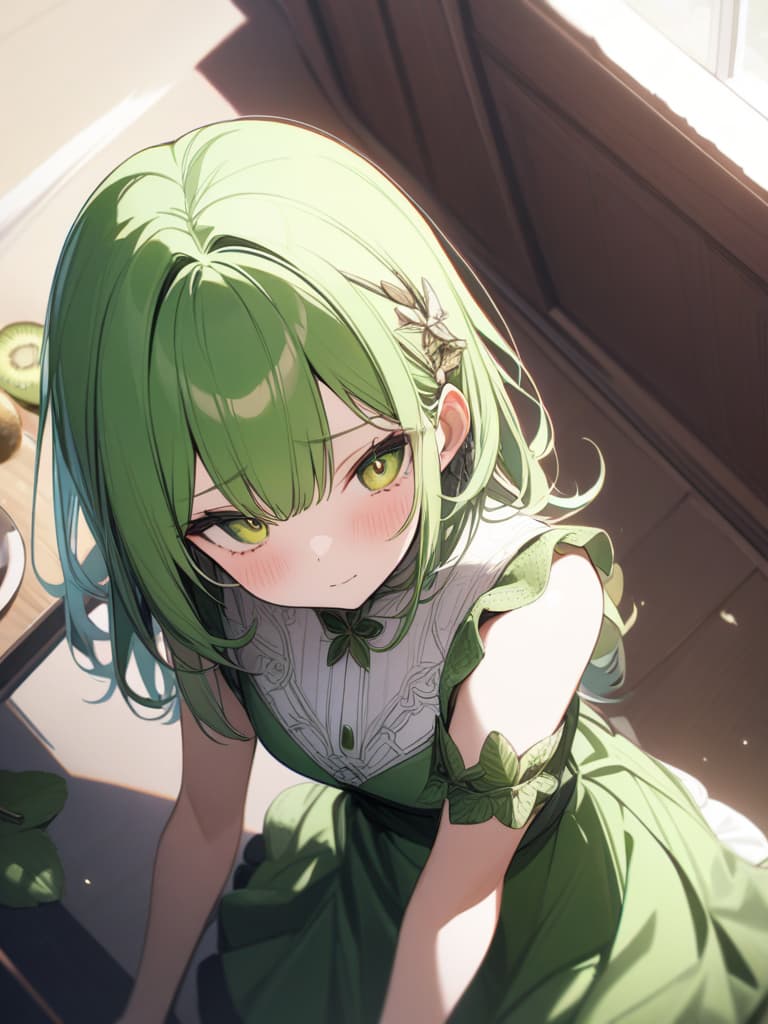  Cute, girl, yellow green eyes, yellow green hair color, kiwi decoration, kiwi fruit, vine, shy face, green frill dress, half twin, masterpiece, best quality,8k,ultra detailed,high resolution,an extremely delicate and beautiful,hyper detail