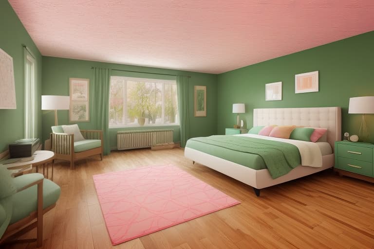  Bed Room, Peaceful, cozy, relaxation, sleep, comfort The image features a modern eclectic theme with a blend of mid century and contemporary design elements, showcased in a unique color scheme. Modern eclectic with mid century influence, paneled green walls, pink ceiling, stylish , and geometric patterned rug. modern eclectic, mid century influence, paneled green walls, pink ceiling, stylish, geometric patterned rug