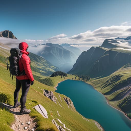  beautiful lake, on top of a mountain hyperrealistic, full body, detailed clothing, highly detailed, cinematic lighting, stunningly beautiful, intricate, sharp focus, f/1. 8, 85mm, (centered image composition), (professionally color graded), ((bright soft diffused light)), volumetric fog, trending on instagram, trending on tumblr, HDR 4K, 8K