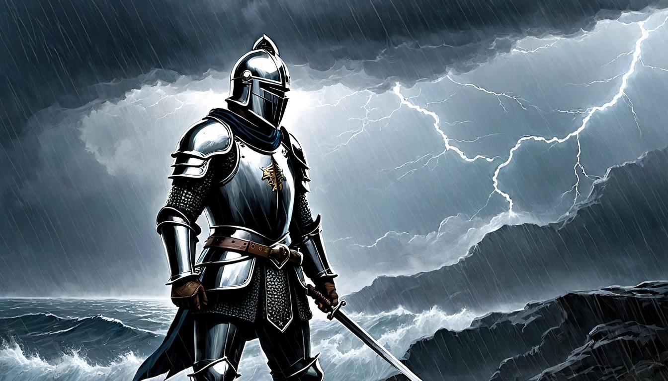  （surrealism)Knight, in shiny armor, standing firm against a storm, shield raised, unyielding stance, bravery, commitment mystic, intricate details, best quality)