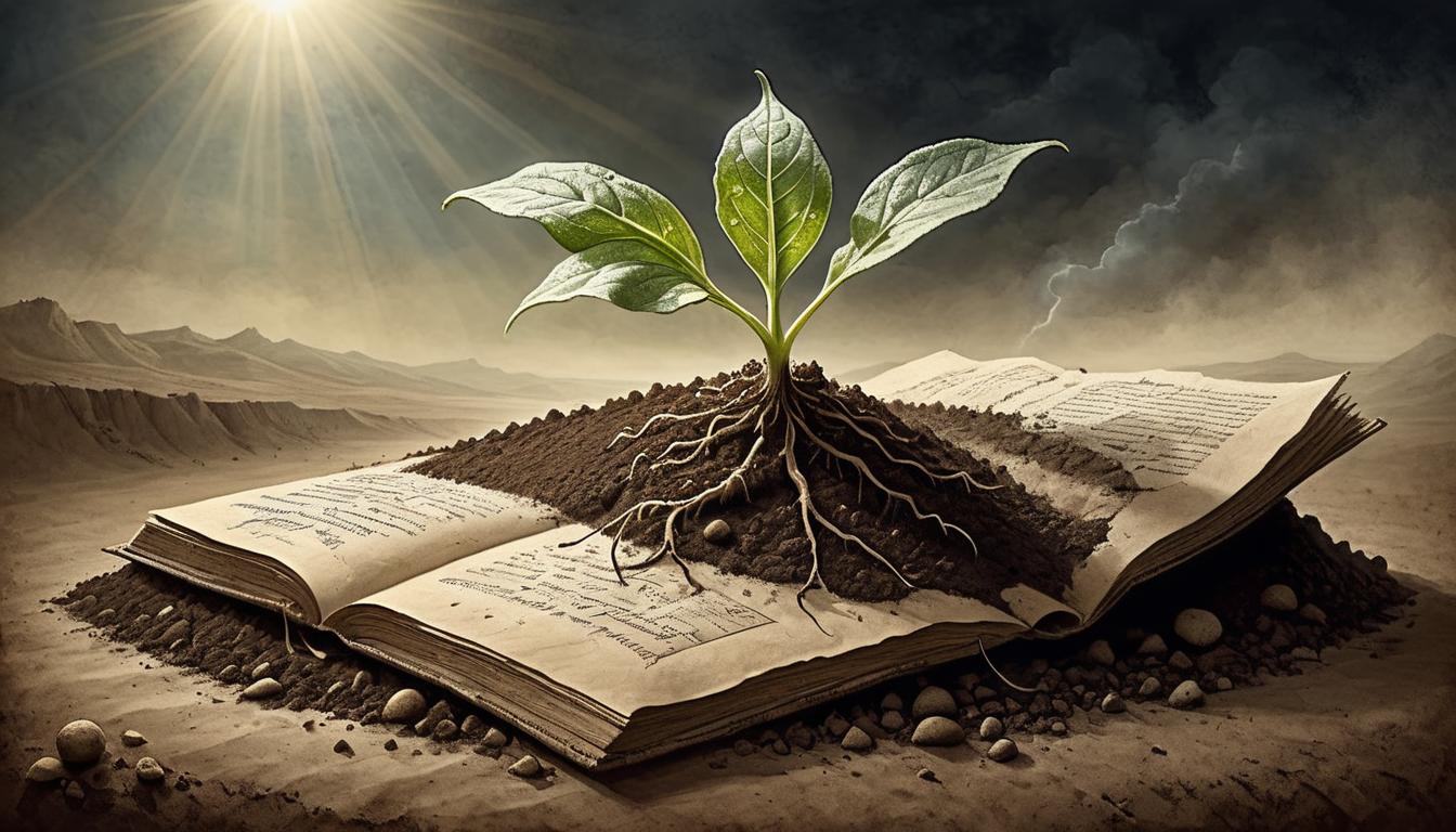  on parchment, surrealism+++, A seedling breaking through dark, rich soil, delicate yet determined, rays of sunlight and glistening dew, symbolic of new beginnings(mysterious, provocative, symbolic,muted color)+++