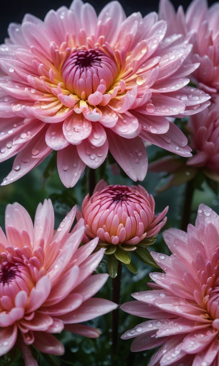  "Chrysanthemum flower in dewdrops at dawn" hyperrealistic, full body, detailed clothing, highly detailed, cinematic lighting, stunningly beautiful, intricate, sharp focus, f/1. 8, 85mm, (centered image composition), (professionally color graded), ((bright soft diffused light)), volumetric fog, trending on instagram, trending on tumblr, HDR 4K, 8K