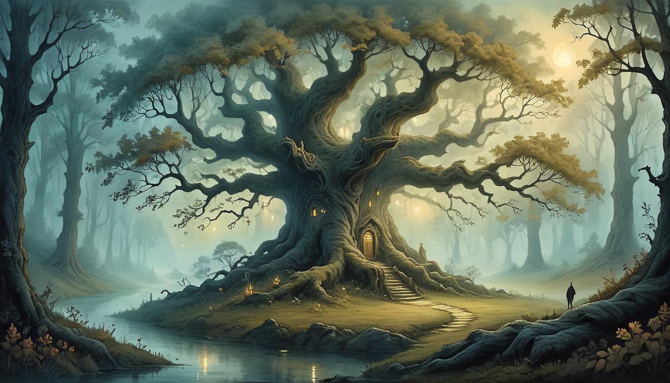  on parchment, surrealism+++, Ancient tree in twilight, glowing leaves, mystical forest, ethereal fog, hidden path, enchanting, ancient wisdom, natural beauty, serene, transformative(mysterious, provocative, symbolic,muted color)+++