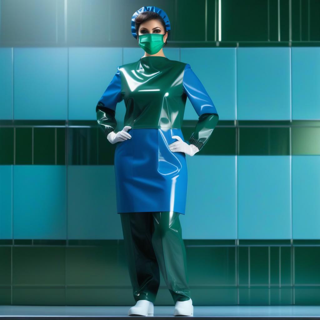  A woman, surgeon, stands at full height, (view from the front:), (face on:), On her face: (A surgical mask with lace ties:), made from (two tone glossy PVC), divided by a horizontal strip down the middle, the top half of the mask is dark green, the bottom half is dark blue, {the surgical mask sticks tightly to the face, covering the chin and the bridge of the nose, held in place by ties at the back of the head and the forehead}. hyperrealistic, full body, detailed clothing, highly detailed, cinematic lighting, stunningly beautiful, intricate, sharp focus, f/1. 8, 85mm, (centered image composition), (professionally color graded), ((bright soft diffused light)), volumetric fog, trending on instagram, trending on tumblr, HDR 4K, 8K