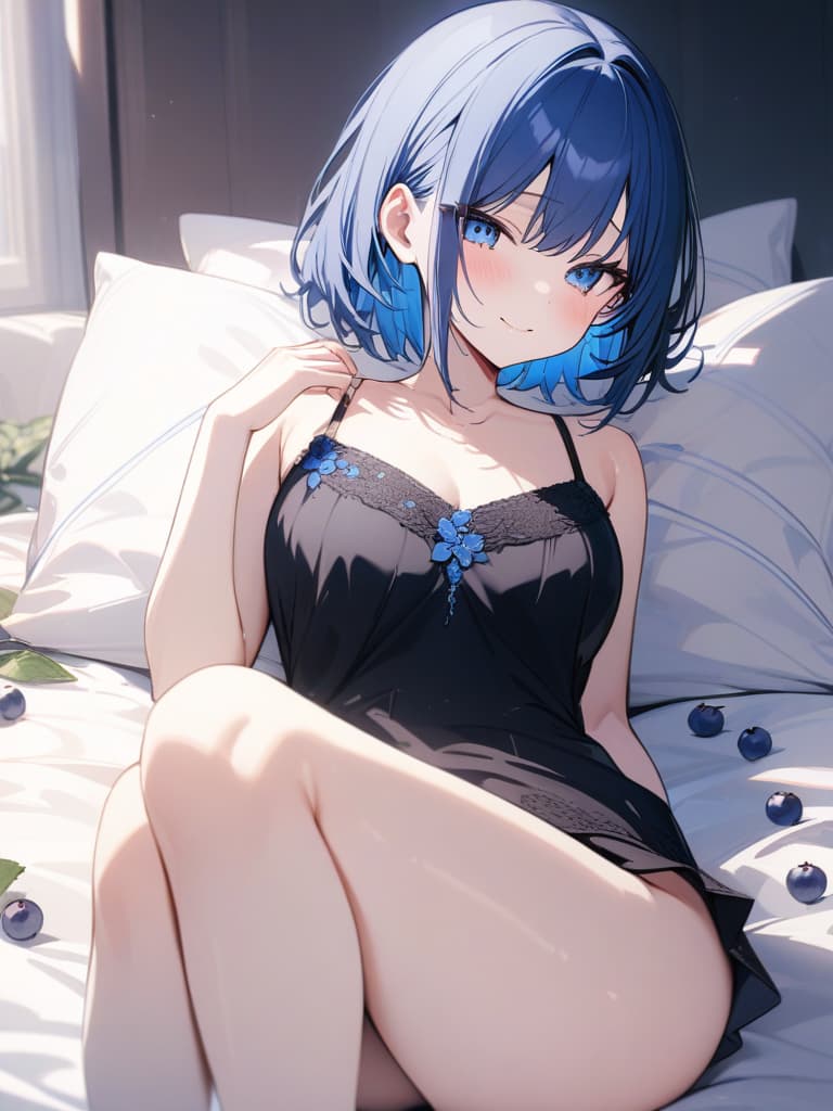  Cute, , blue hair, blue eyes, short bob, thin body, white skin, sauce, , blueberry decoration, black camisole, bed, shy face, smile, smile, masterpiece, best quality,8k,ultra detailed,high resolution,an extremely delicate and beautiful,hyper detail