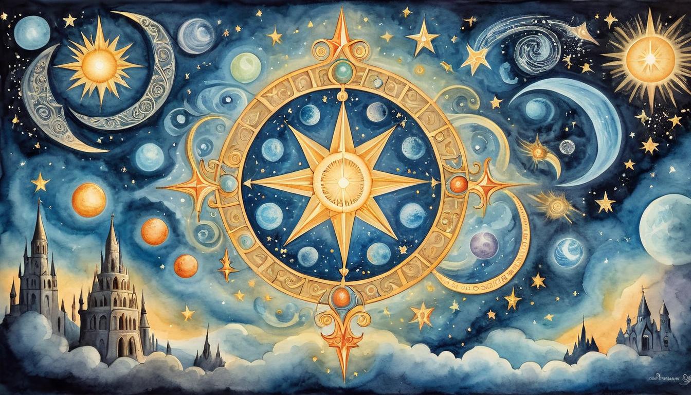  on parchment, surrealism+++, A celestial beacon, radiant star in the night sky, cosmic energy swirling around, glowing orbs representing universal guidance, ethereal(mysterious, provocative, symbolic,muted color)+++