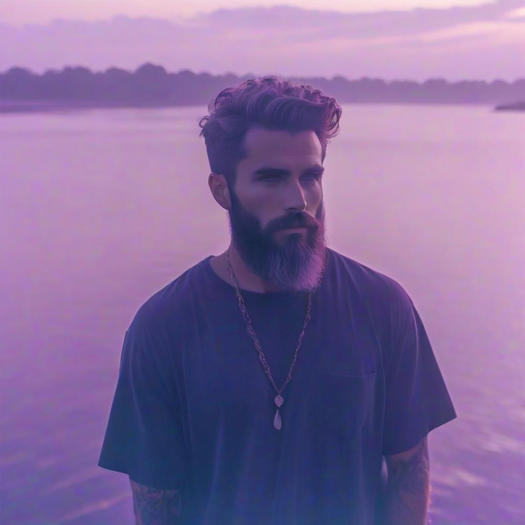  a man standing in front of a body of water, a polaroid photo, purple tint, fractal beard, casey cooke, anime style, comix wave films style, detailed face, detailed eyes, high quality hyperrealistic, full body, detailed clothing, highly detailed, cinematic lighting, stunningly beautiful, intricate, sharp focus, f/1. 8, 85mm, (centered image composition), (professionally color graded), ((bright soft diffused light)), volumetric fog, trending on instagram, trending on tumblr, HDR 4K, 8K