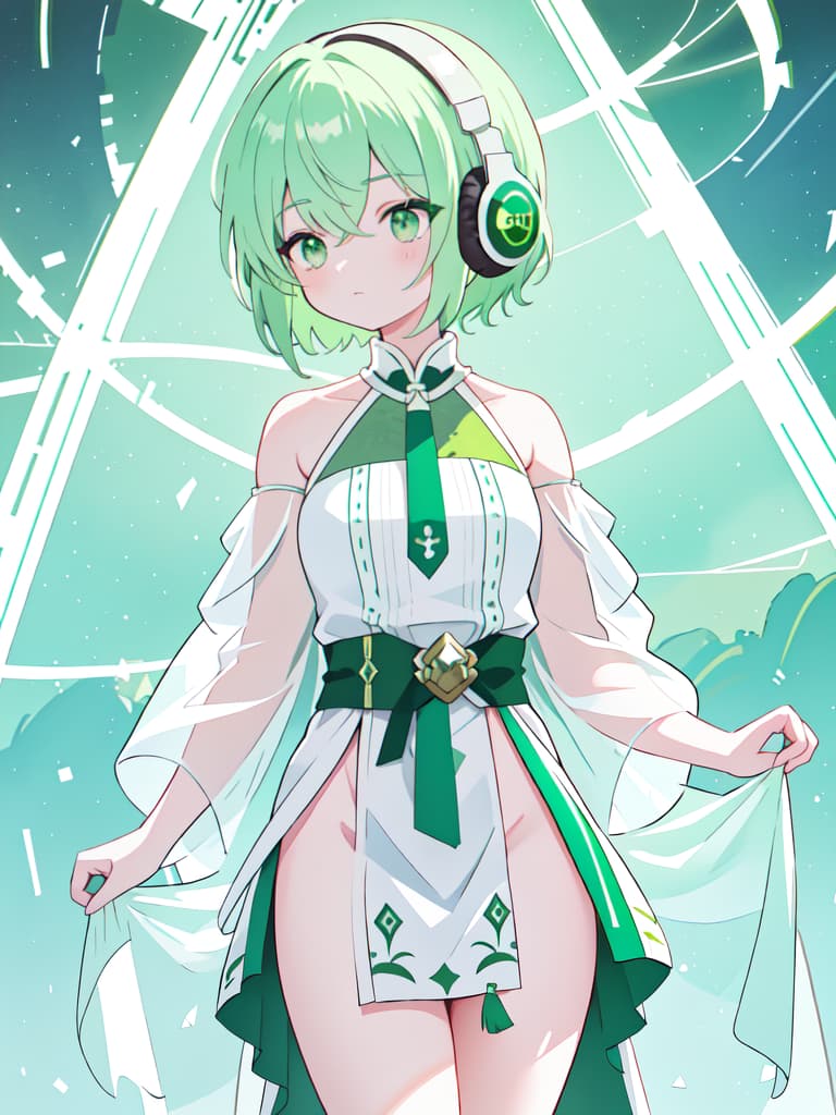  Green hair short hair character equipped with headphones only with white loincloth, masterpiece, best quality,8k,ultra detailed,high resolution,an extremely delicate and beautiful,hyper detail