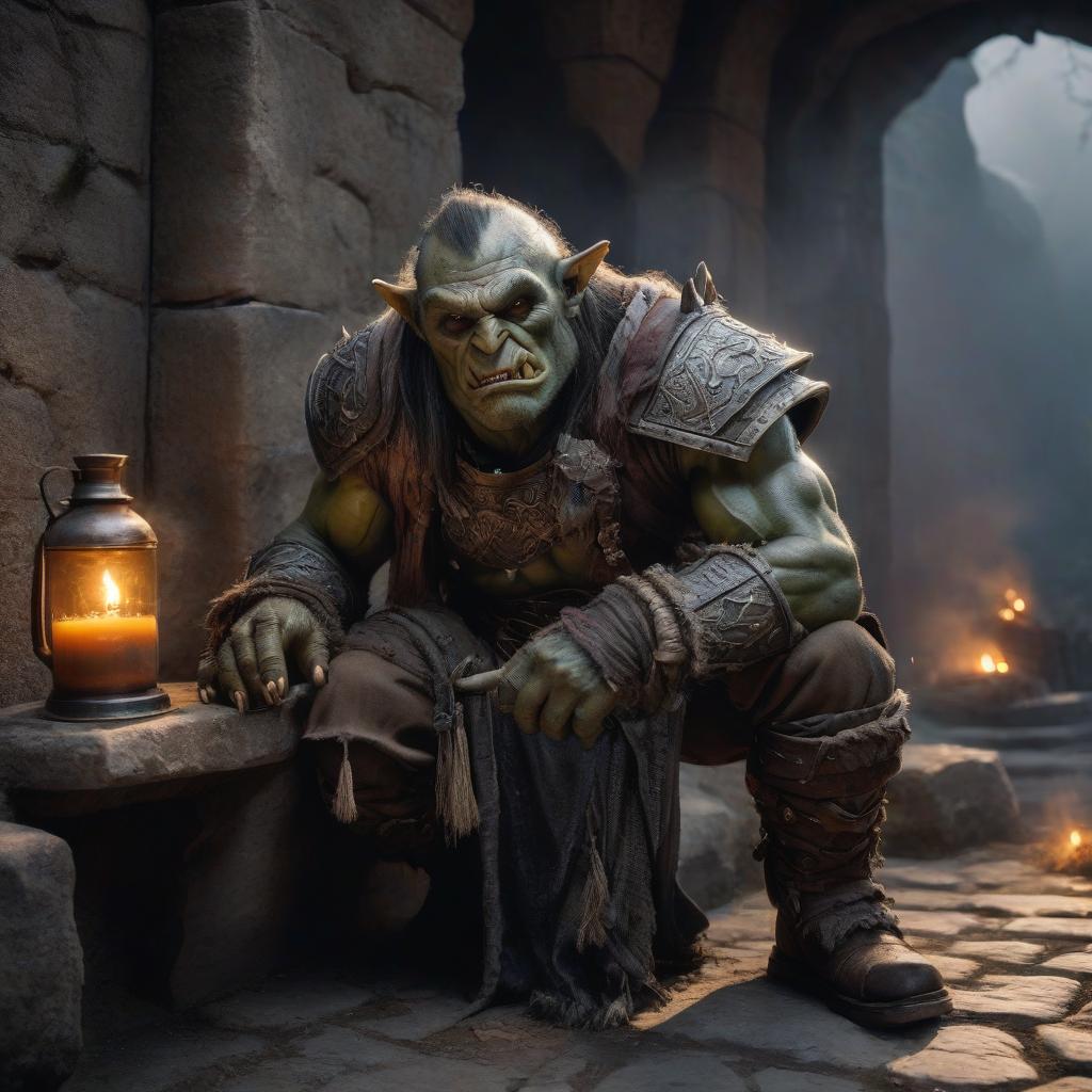  A mortally wounded orc, sits, leaning on a wall, drinks a potion of healing. hyperrealistic, full body, detailed clothing, highly detailed, cinematic lighting, stunningly beautiful, intricate, sharp focus, f/1. 8, 85mm, (centered image composition), (professionally color graded), ((bright soft diffused light)), volumetric fog, trending on instagram, trending on tumblr, HDR 4K, 8K