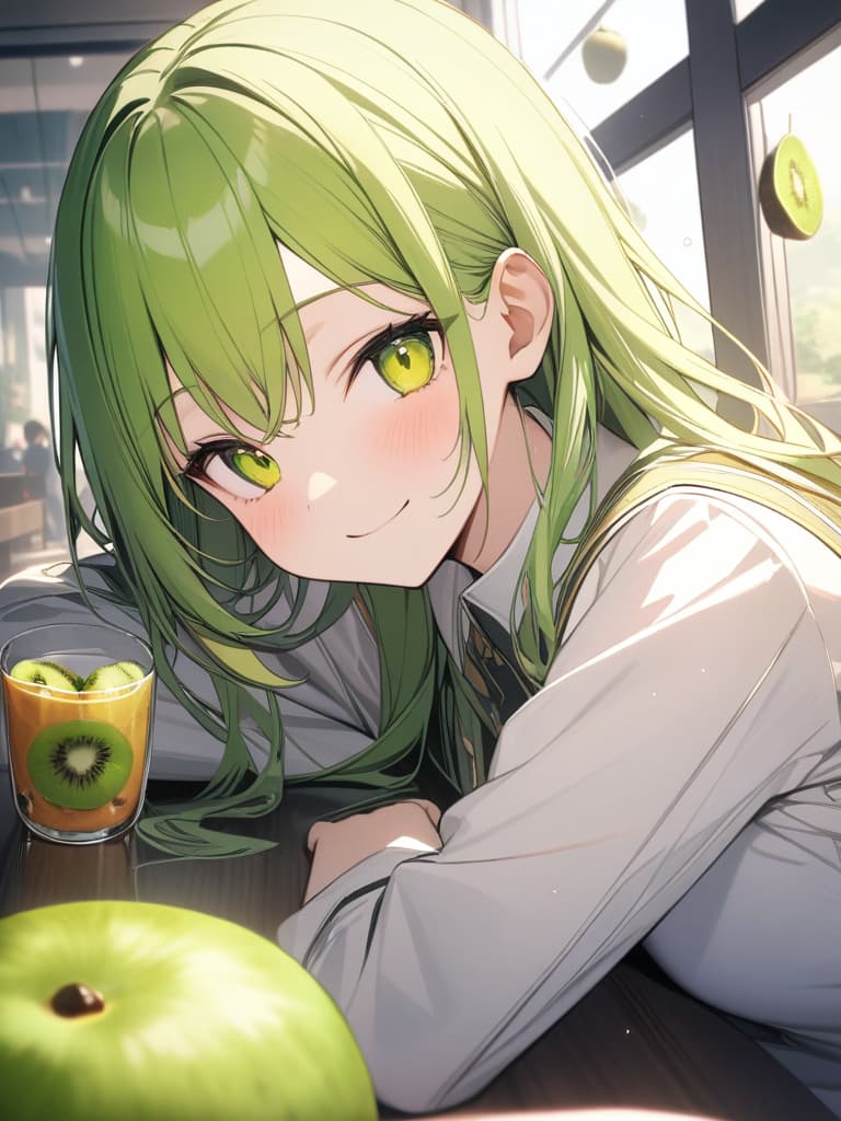  Cute, , yellow green eyes, yellow green hair color, medium straight hair, kiwi decoration, kiwi fruit, uniform, , smiles, white wises, young face, masterpiece, best quality,8k,ultra detailed,high resolution,an extremely delicate and beautiful,hyper detail