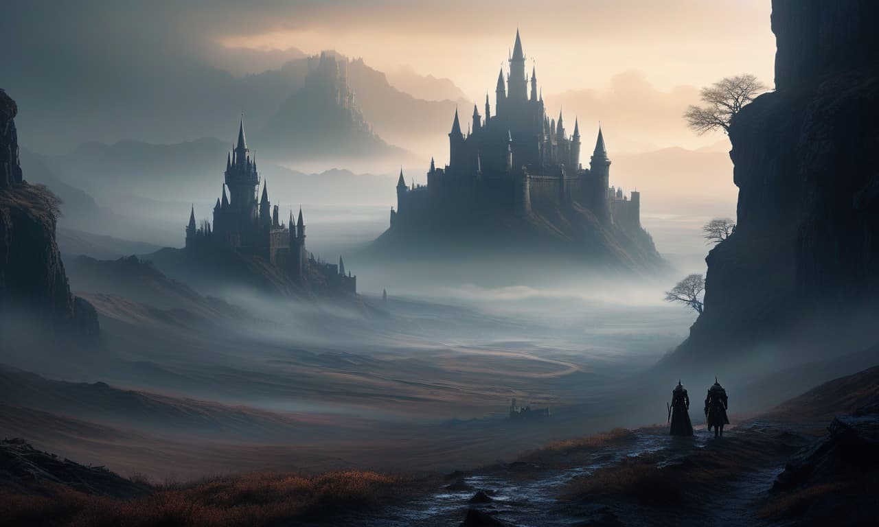  Epic fantasy wastelands, plains, covered in haze, castles are visible, drawn in a style, dark fantasy. English: Translate from any language. Preferably reduce to one or two sentences. Completely remove emotion and personality. In question: Deserted lands, plains, covered by a mist, castles can be seen, drawn in a style, atmospheric fantasy. In response: Epic fantasy consists of deserted lands, plains enveloped in haze, with visible castles, depicted in style, representing atmospheric fantasy. hyperrealistic, full body, detailed clothing, highly detailed, cinematic lighting, stunningly beautiful, intricate, sharp focus, f/1. 8, 85mm, (centered image composition), (professionally color graded), ((bright soft diffused light)), volumetric fog, trending on instagram, trending on tumblr, HDR 4K, 8K