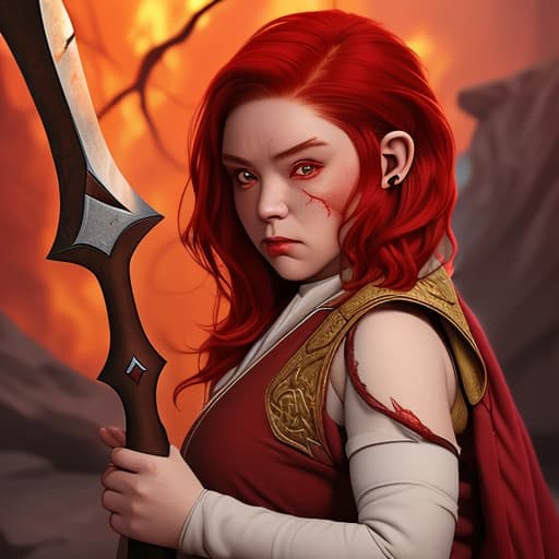  Female dwarf with human ears, short red hair and fiery eyes, holding an axe