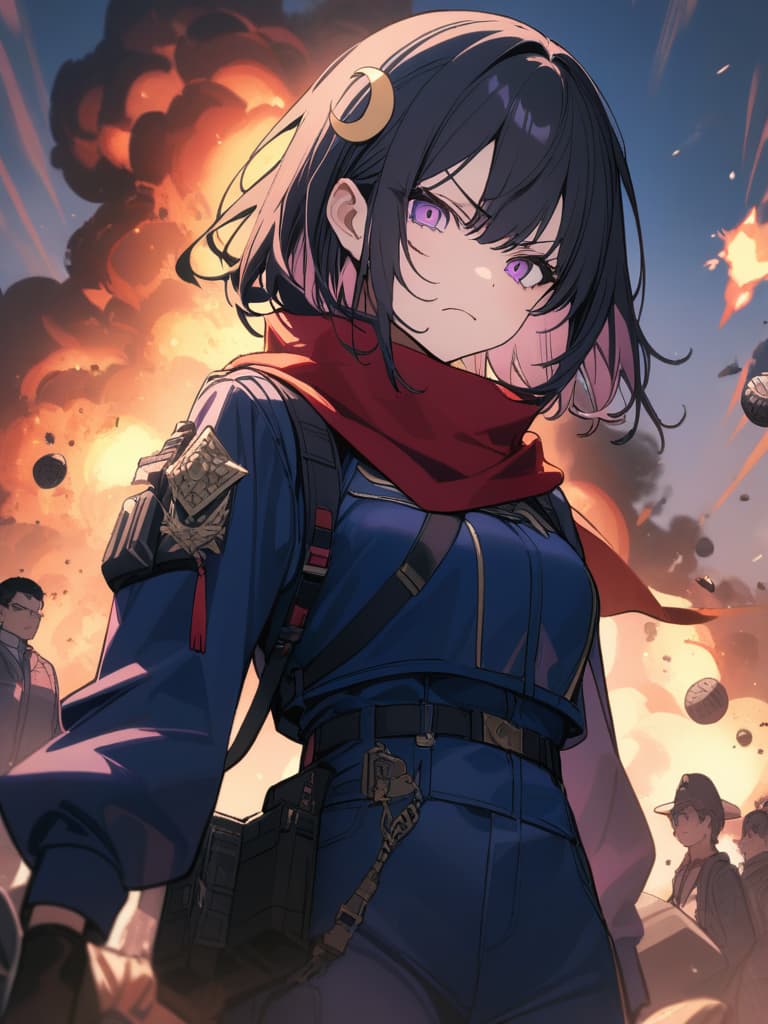  Red scarf,blue jacket,blue pants,bomb,Glare,(Anger),murder,hatred ,grenade,explosion,fire,fire,(big explosion) ,cool girl,Black hair,(purple eyes),short,cropped hair,crescent moon hair ornament,, masterpiece, best quality,8k,ultra detailed,high resolution,an extremely delicate and beautiful,hyper detail