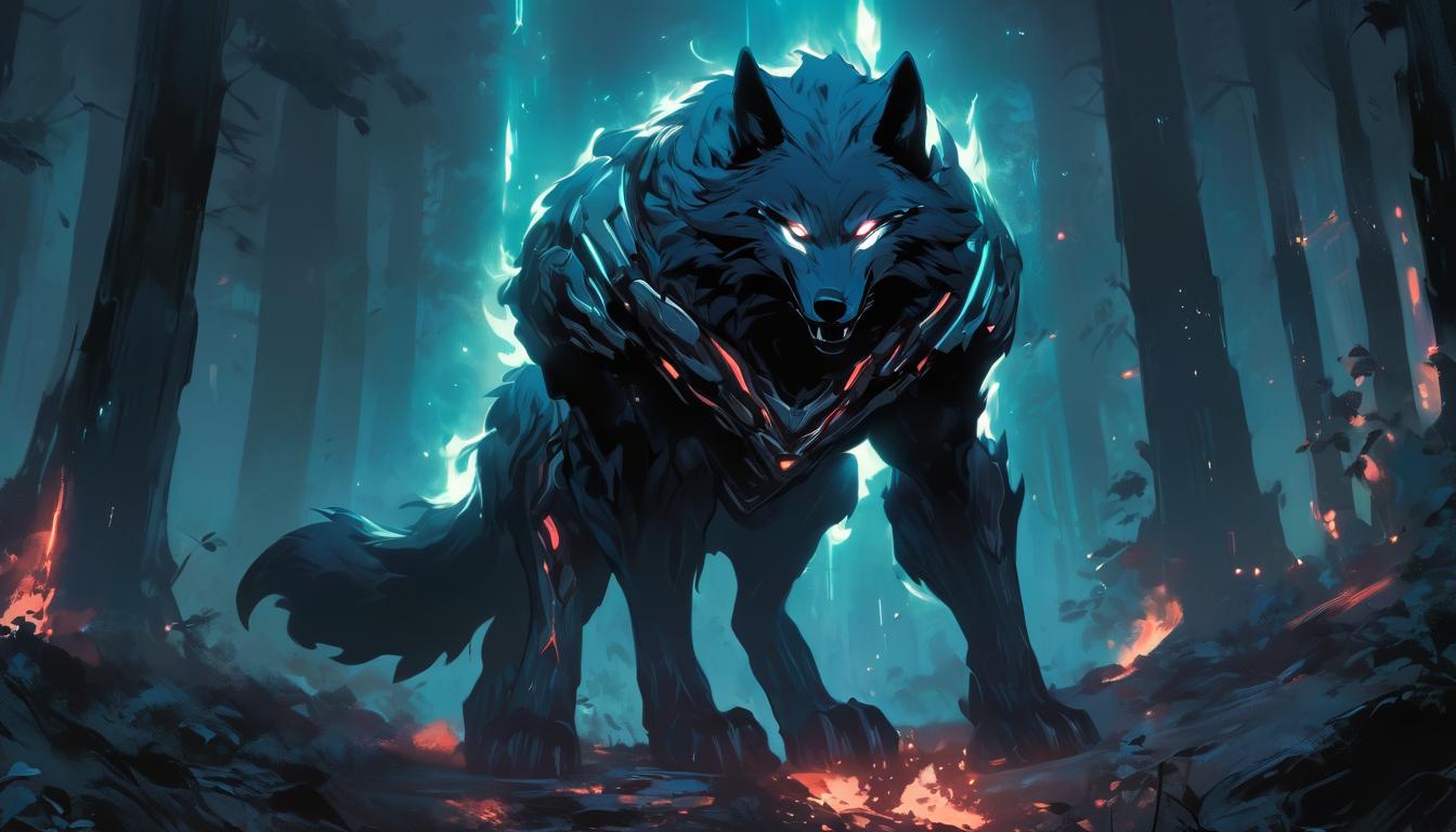  hyperrealism,fantasy aestheticA wolf in a defensive stance, back arched, eyes glowing, background of a dark, swirling forest, resistance, defiance, high tech clothing clad in sleek, futuristic costume with metallic accents and form fitting designs, marvel superhero comics style, unreal engine rendering