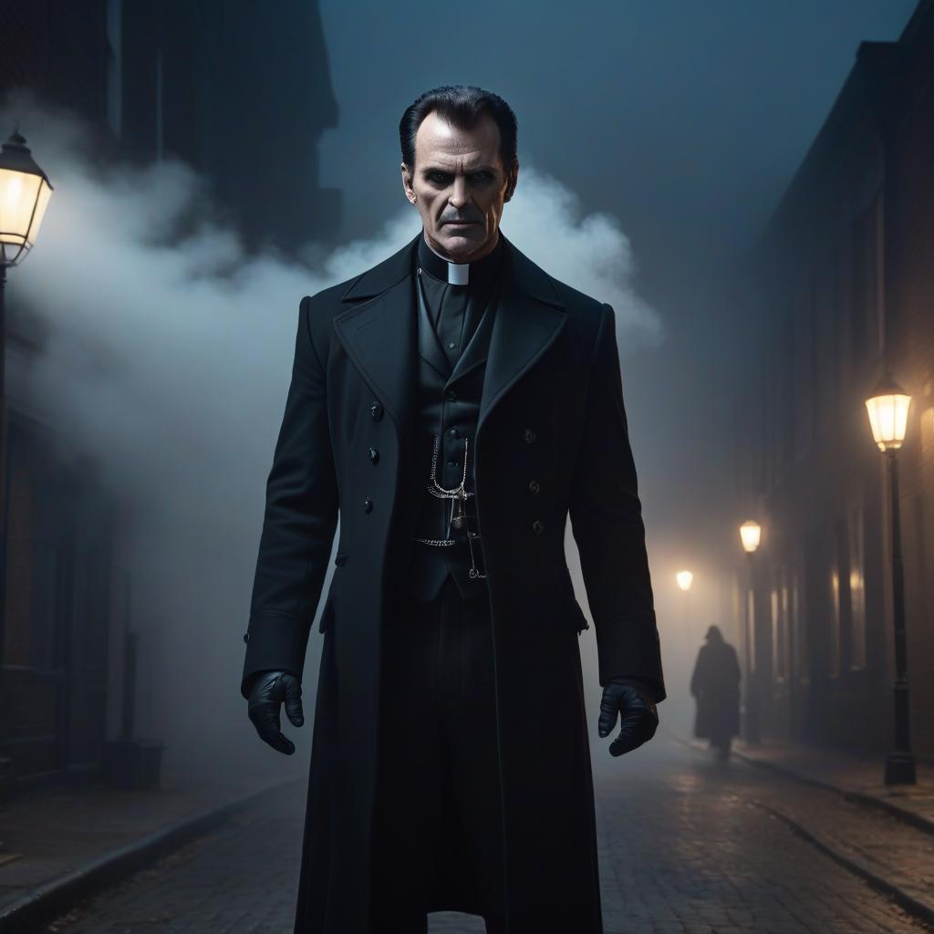  Show a funny exorcist who says something. He must be dressed in black. hyperrealistic, full body, detailed clothing, highly detailed, cinematic lighting, stunningly beautiful, intricate, sharp focus, f/1. 8, 85mm, (centered image composition), (professionally color graded), ((bright soft diffused light)), volumetric fog, trending on instagram, trending on tumblr, HDR 4K, 8K