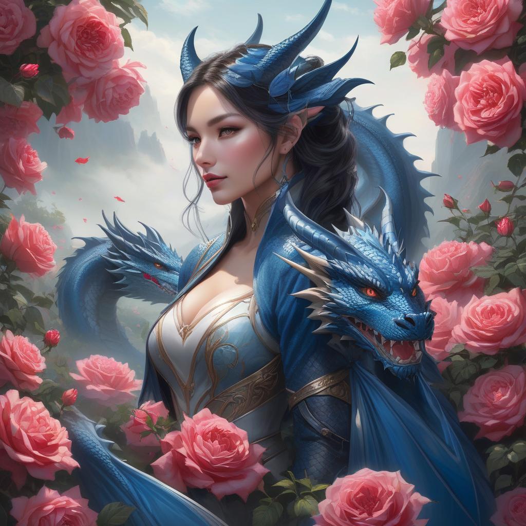  concept art A woman with a serene expression is pictured alongside a blue dragon amidst a backdrop of roses in a fantasy style artwork a painting of a woman with a dragon on her shoulder, the dragon girl portrait, beautiful fantasy art portrait, fantasy art portrait, fantasy portrait art, detailed matte fantasy portrait, beautiful fantasy portrait, amazing fantasy art, detailed fantasy art, fantasy portrait, epic fantasy art portrait, fantasy genre portrait, dragon girl, fantasy art, heather theurer, dragon portrait, beautiful fantasy art . digital artwork, illustrative, painterly, matte painting, highly detailed hyperrealistic, full body, detailed clothing, highly detailed, cinematic lighting, stunningly beautiful, intricate, sharp focus, f/1. 8, 85mm, (centered image composition), (professionally color graded), ((bright soft diffused light)), volumetric fog, trending on instagram, trending on tumblr, HDR 4K, 8K