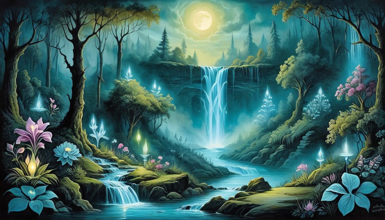  on parchment, surrealism+++, Enchanted waterfall with glowing water, bioluminescent flora, moonlight casting a serene glow, magical, tranquil(mysterious, provocative, symbolic,muted color)+++