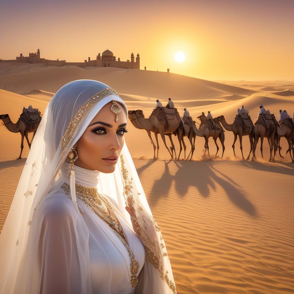  A woman in elaborate jewelry and a brilliant cloak intently watches as a caravan of camels crosses the desert, with the sunset behind her. (Desert + dunes).(Background yellow orange gradient).(In the background, a sheikh's castle).(On the foreground on the right, a caravan of camels + Arabs).(On the foreground on the left, a beautiful Iranian woman with striking black eyes).(The Iranian woman is wearing beautiful clothes + expensive jewelry).(On the face of the Iranian woman, a delicate veil, she holds it with one hand). (The most beautiful photo in the world.) hyperrealistic, full body, detailed clothing, highly detailed, cinematic lighting, stunningly beautiful, intricate, sharp focus, f/1. 8, 85mm, (centered image composition), (professionally color graded), ((bright soft diffused light)), volumetric fog, trending on instagram, trending on tumblr, HDR 4K, 8K