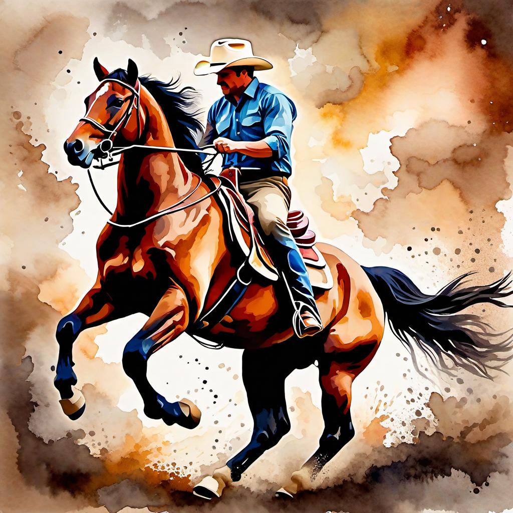  Create a watercolor painting of a man ridding a bucking horse at a rodeo. The background features soft, watercolor style splashes in earthy tones, giving the image an artistic and dreamy feel. Ensure the overall image has a delicate watercolor effect.