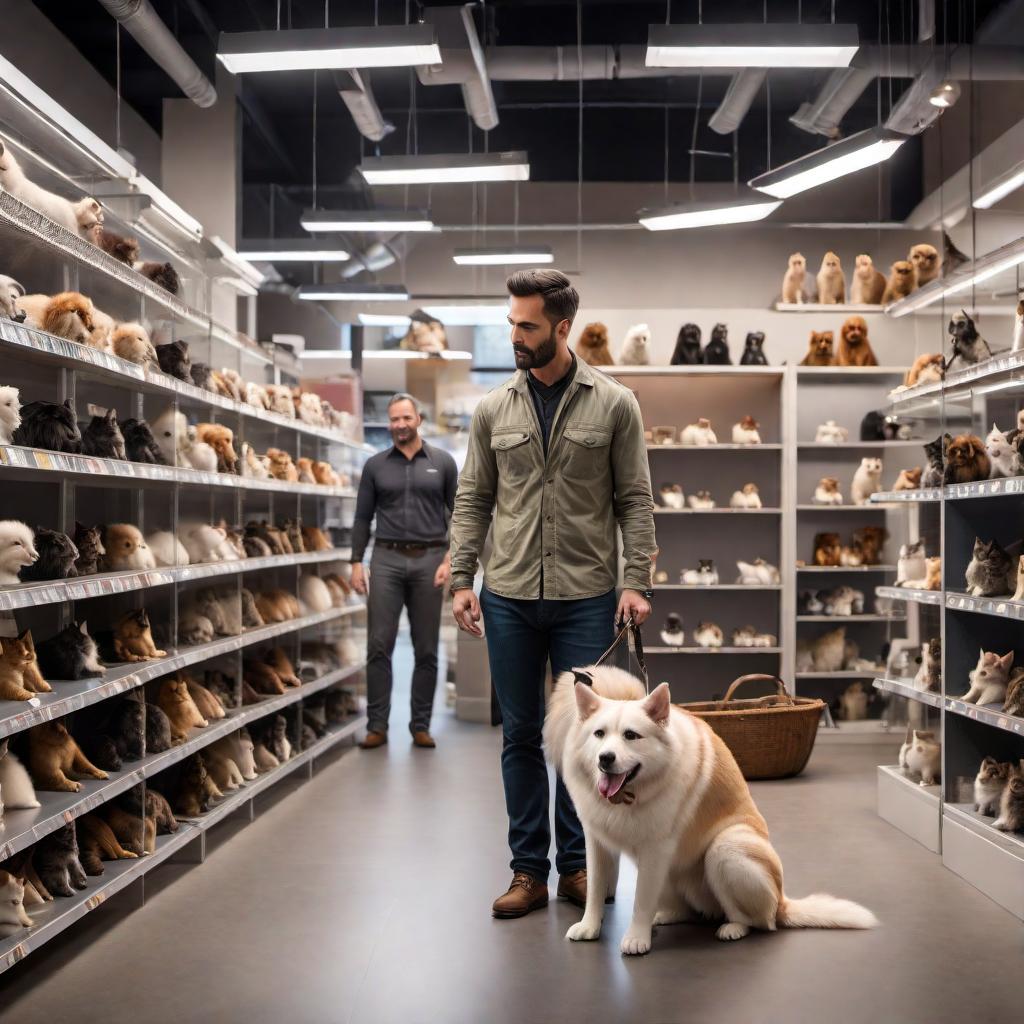  A human in a pet store being sized and fitted for a muzzle. The person is wearing a collar and is on a leash. After purchasing the muzzle, the store attendant helps to put the muzzle on the person. The scene should be set in a typical pet store environment with shelves, pet supplies, and other customers. hyperrealistic, full body, detailed clothing, highly detailed, cinematic lighting, stunningly beautiful, intricate, sharp focus, f/1. 8, 85mm, (centered image composition), (professionally color graded), ((bright soft diffused light)), volumetric fog, trending on instagram, trending on tumblr, HDR 4K, 8K