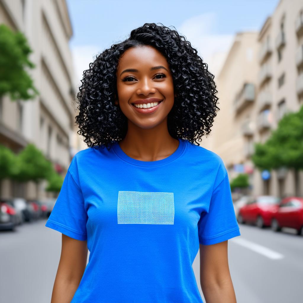  half body portrait black curly happy woman wearing blue t shirt with squared floral pattern on t shirt, Blurred city Background, maximum details