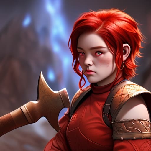  Female dwarf with human ears, short red hair and fiery eyes, holding an axe