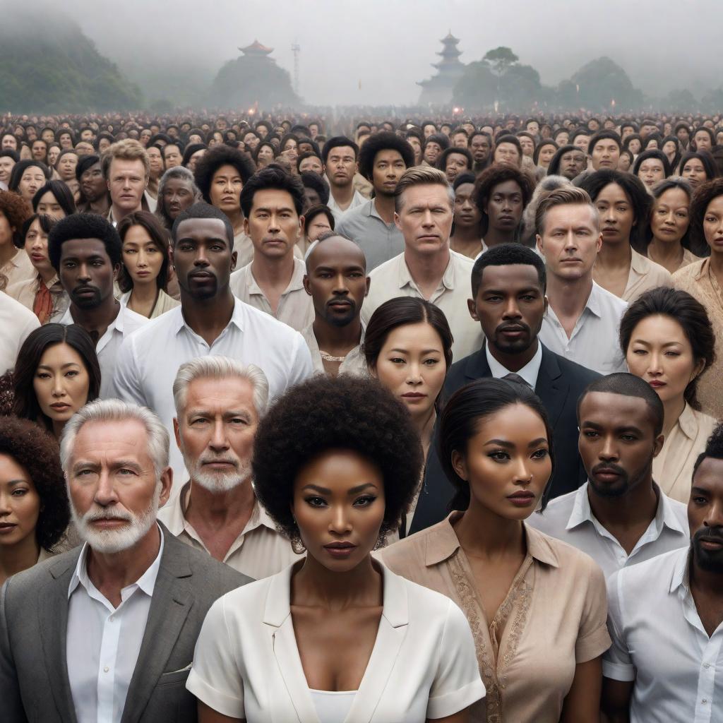  An intense image of a group of people of all nationalities—white men and women, black men and women, Chinese women, Japanese men, Indians, and Africans—joined together in solidarity, praying for peace on Earth. The background consists of many countries merged together from all over the world. hyperrealistic, full body, detailed clothing, highly detailed, cinematic lighting, stunningly beautiful, intricate, sharp focus, f/1. 8, 85mm, (centered image composition), (professionally color graded), ((bright soft diffused light)), volumetric fog, trending on instagram, trending on tumblr, HDR 4K, 8K