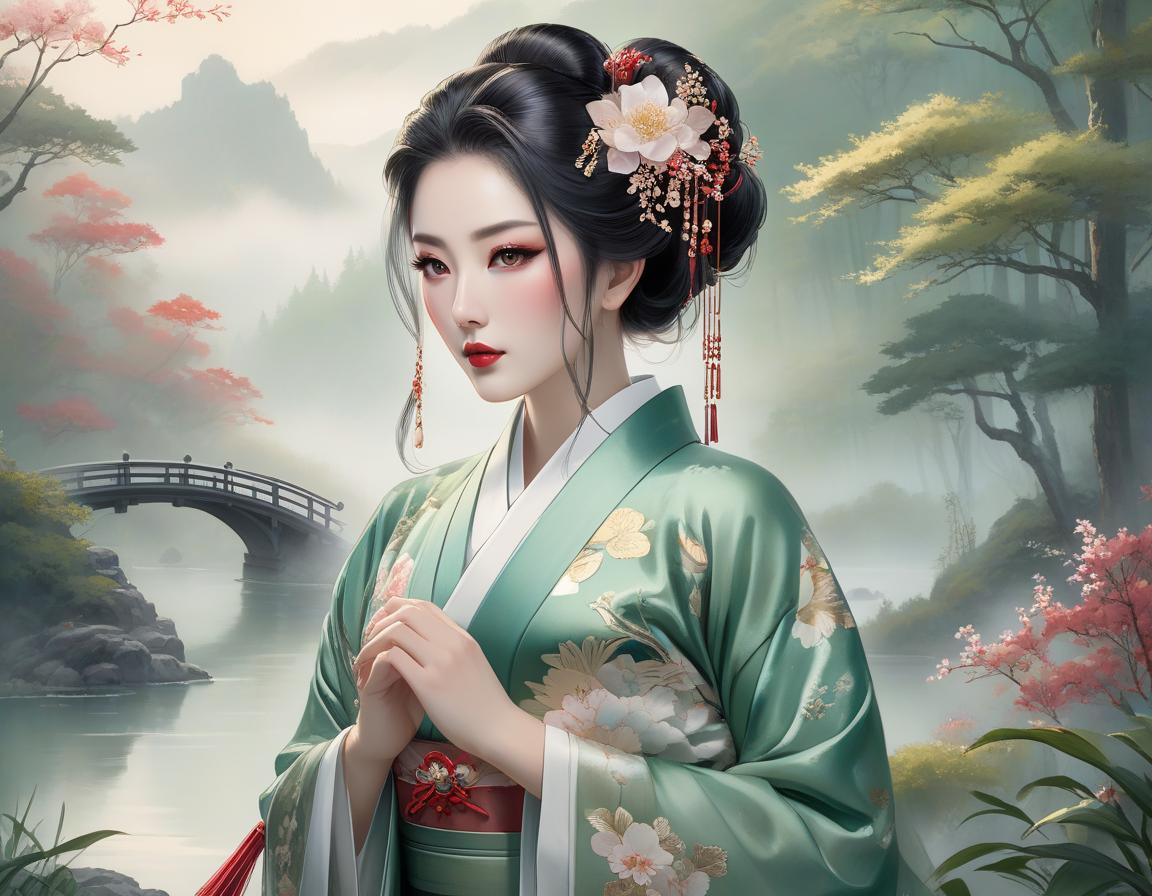  watercolor painting An illustrated woman in traditional Asian attire with elaborate hairstyle stands before a serene, misty forest landscape with a bridge. Create a digital painting of an ethereal Asian woman with pale skin and delicate facial features, standing amidst a fantastical forest environment. She wears a traditional Japanese kimono in shades of emerald green with floral patterns, accented with crimson and gold borders. Her hair is styled in an elaborate Shimada updo, embellished with intricate hairpins and decorations, including Kanzashi with flowers and dangling ornaments. She glances to her side with almond shaped eyes in a subtle shade, exhibiting softly blushed cheeks and traditional makeup with red accents. The background con hyperrealistic, full body, detailed clothing, highly detailed, cinematic lighting, stunningly beautiful, intricate, sharp focus, f/1. 8, 85mm, (centered image composition), (professionally color graded), ((bright soft diffused light)), volumetric fog, trending on instagram, trending on tumblr, HDR 4K, 8K