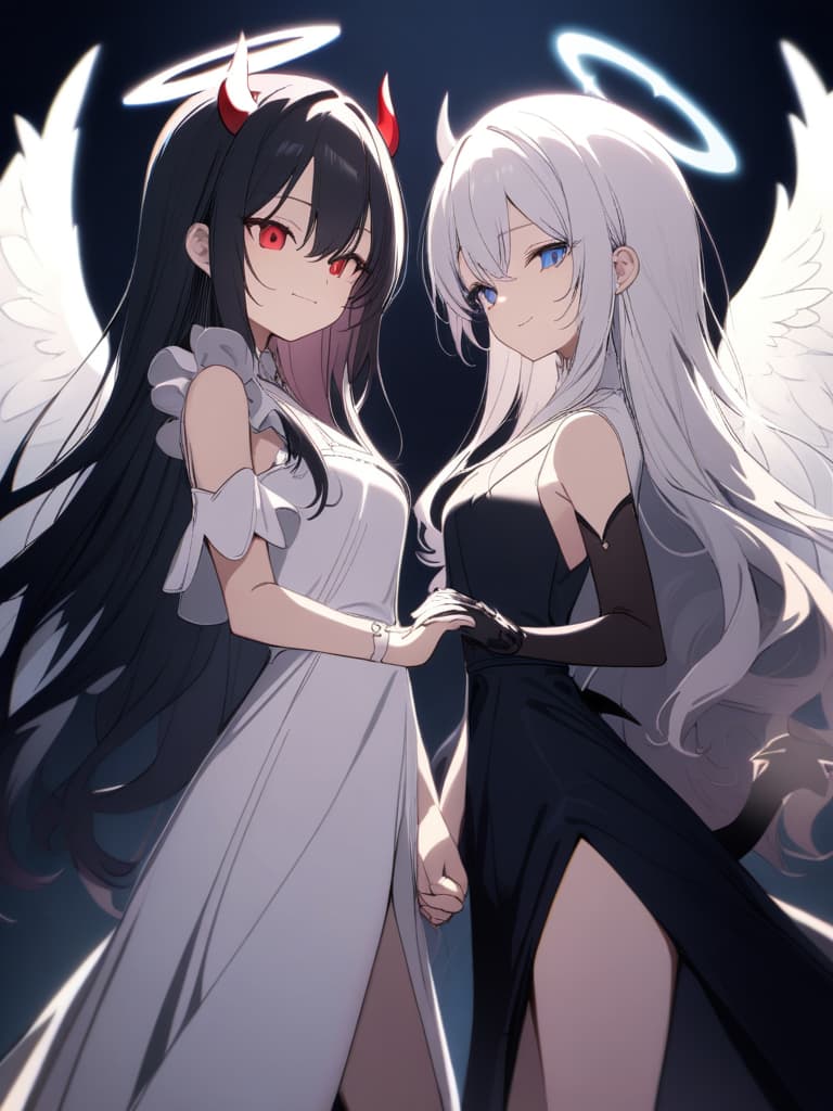  ((Angel and devil,angel,devil,facing each other,s together,y,tempting,devil on the right,angel on the left,holding hands,divine)),((Angel,angel wings,angel halo,halo,white dress,big s,blue eyes,white hair,perm,long hair,curly hair,beautiful,pretty ,puzzled face)),((Devil,devil wings,devil horns,devil tail,red eyes,black hair,straight long hair,big s,black dress,black gloves,devilish smile,pretty )),pretty ,cute,high quality,two people,two s,ultra detailed,best shadow,cute and beautiful face,(masterpiece:1.2),(best quality:1.2),detailed background,high contrast,(best illumination,an extremely delicate and beautiful),((cinematic light)),hyper detail,dramatic light,intricate details,8k,anime,very aesthetic、(