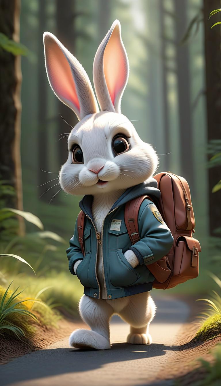  concept art artistic drawing, ilration, in the distance one very cute bunny in a jacket is walking along the road to a forest , a small cute bunny with a backpack over his shoulders and a textbook pressed tightly to his , very high detail, high level of detail. Sunny, bright, . digital artwork, ilrative, painterly, matte painting, highly detailed hyperrealistic, full body, detailed clothing, highly detailed, cinematic lighting, stunningly beautiful, intricate, sharp focus, f/1. 8, 85mm, (centered image composition), (professionally color graded), ((bright soft diffused light)), volumetric fog, trending on instagram, trending on tumblr, HDR 4K, 8K