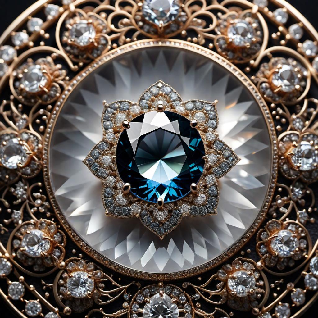  A single round cut gemstone at the center, surrounded by six trillion cut gemstones arranged in a flower-like pattern. hyperrealistic, full body, detailed clothing, highly detailed, cinematic lighting, stunningly beautiful, intricate, sharp focus, f/1. 8, 85mm, (centered image composition), (professionally color graded), ((bright soft diffused light)), volumetric fog, trending on instagram, trending on tumblr, HDR 4K, 8K