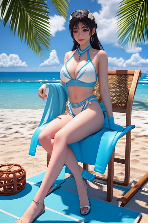  In the middle of the sea there is a beach, blue sky and white clouds, a few coconut trees and beach chairs on the beach, surfboards, swimming rings, cold drinks, colorful styles: surrealist style, 3D art, clay materials, C4D rendering. ar 3:4 s 750 niji 5 hyperrealistic, full body, detailed clothing, highly detailed, cinematic lighting, stunningly beautiful, intricate, sharp focus, f/1. 8, 85mm, (centered image composition), (professionally color graded), ((bright soft diffused light)), volumetric fog, trending on instagram, trending on tumblr, HDR 4K, 8K