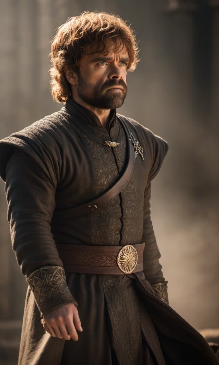  cinematic photo "Game of Thrones: Tyrion Lannister jumps" . 35mm photograph, film, bokeh, professional, 4k, highly detailed hyperrealistic, full body, detailed clothing, highly detailed, cinematic lighting, stunningly beautiful, intricate, sharp focus, f/1. 8, 85mm, (centered image composition), (professionally color graded), ((bright soft diffused light)), volumetric fog, trending on instagram, trending on tumblr, HDR 4K, 8K