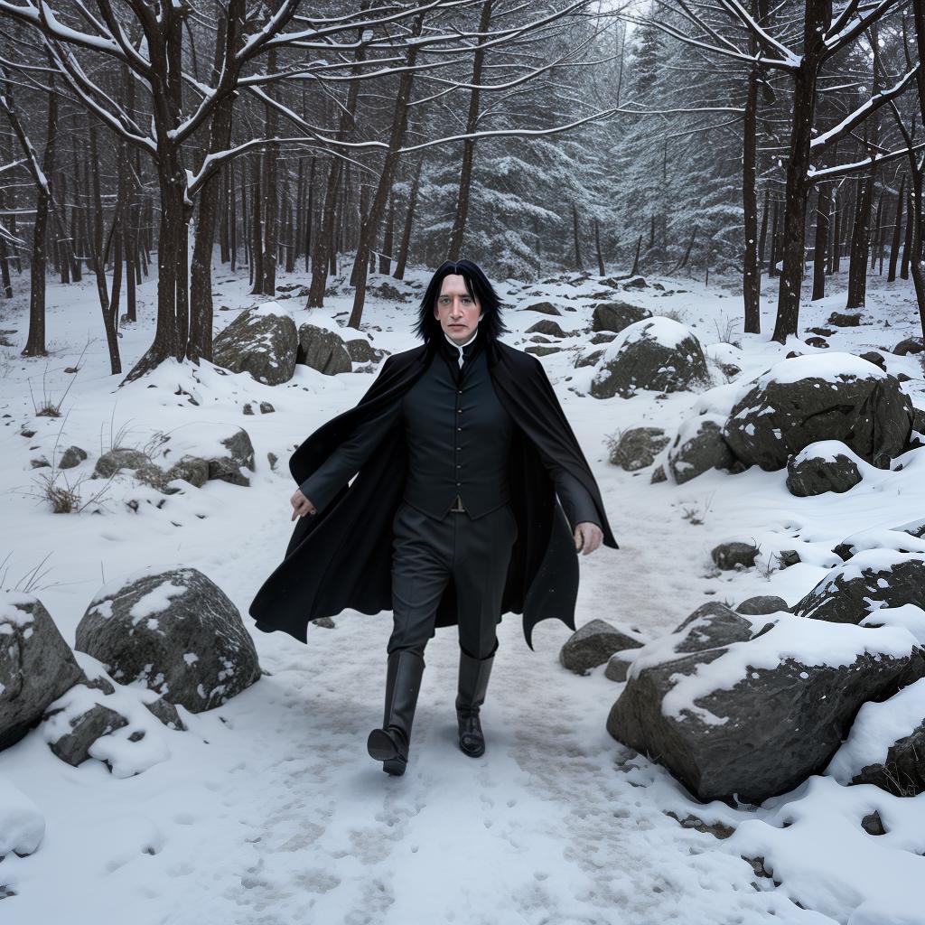  as a cinematic render, severus Snape paseando en el bosque nevado