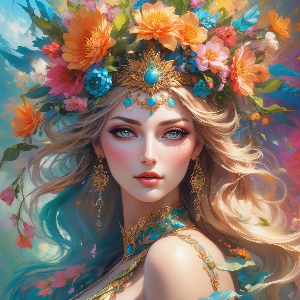  abstract expressionist painting A vibrant portrait of a woman with a floral headdress, swirling hair, and rich, vivid colors conveying a fantasy aesthetic. a painting of a woman with flowers in her hair, flower goddess, beautiful art uhd 4 k, beautiful fantasy art portrait, goddess of nature, beautiful fantasy portrait, goddess of summer, goddess portrait, colorfull digital fantasy art, goddess of spring, beautiful fantasy maiden, portrait of a beautiful goddess, earth goddess mythology, karol bak uhd, the goddess of summer . energetic brushwork, bold colors, abstract forms, expressive, emotional hyperrealistic, full body, detailed clothing, highly detailed, cinematic lighting, stunningly beautiful, intricate, sharp focus, f/1. 8, 85mm, (centered image composition), (professionally color graded), ((bright soft diffused light)), volumetric fog, trending on instagram, trending on tumblr, HDR 4K, 8K