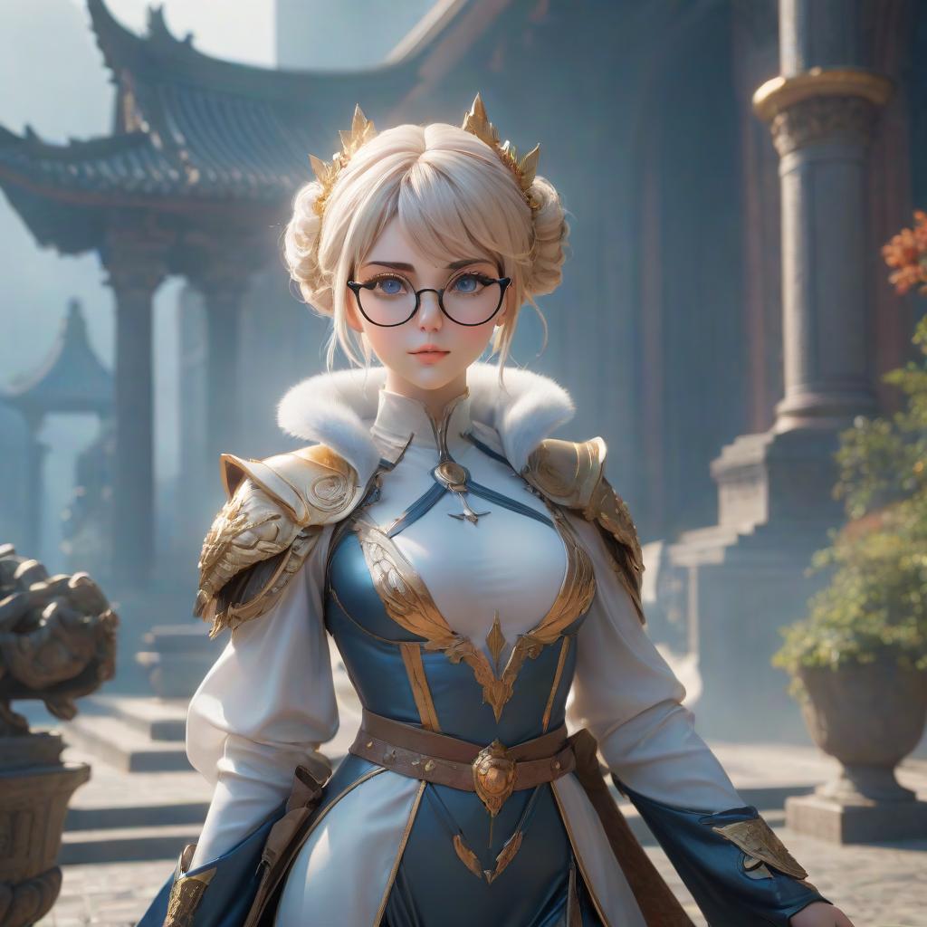  Goddess of equilibrium and order. Short, light hair and glasses. hyperrealistic, full body, detailed clothing, highly detailed, cinematic lighting, stunningly beautiful, intricate, sharp focus, f/1. 8, 85mm, (centered image composition), (professionally color graded), ((bright soft diffused light)), volumetric fog, trending on instagram, trending on tumblr, HDR 4K, 8K