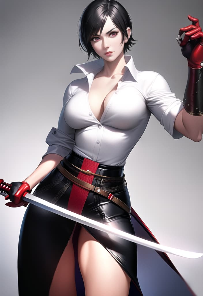  black hair, very short hair, woman, older sister, mature, white dress shirt, red corset, black leather pants, long Japanese sword, muscular, accurate eyes, accurate hands, Japanese armor on shoulders and arms,cowboy shot, (Masterpiece, BestQuality:1.3), (ultra detailed:1.2), (hyperrealistic:1.3), (RAW photo:1.2),High detail RAW color photo, professional photograph, (Photorealistic:1.4), (realistic:1.4), ,professional lighting, (japanese), beautiful face, (realistic face)