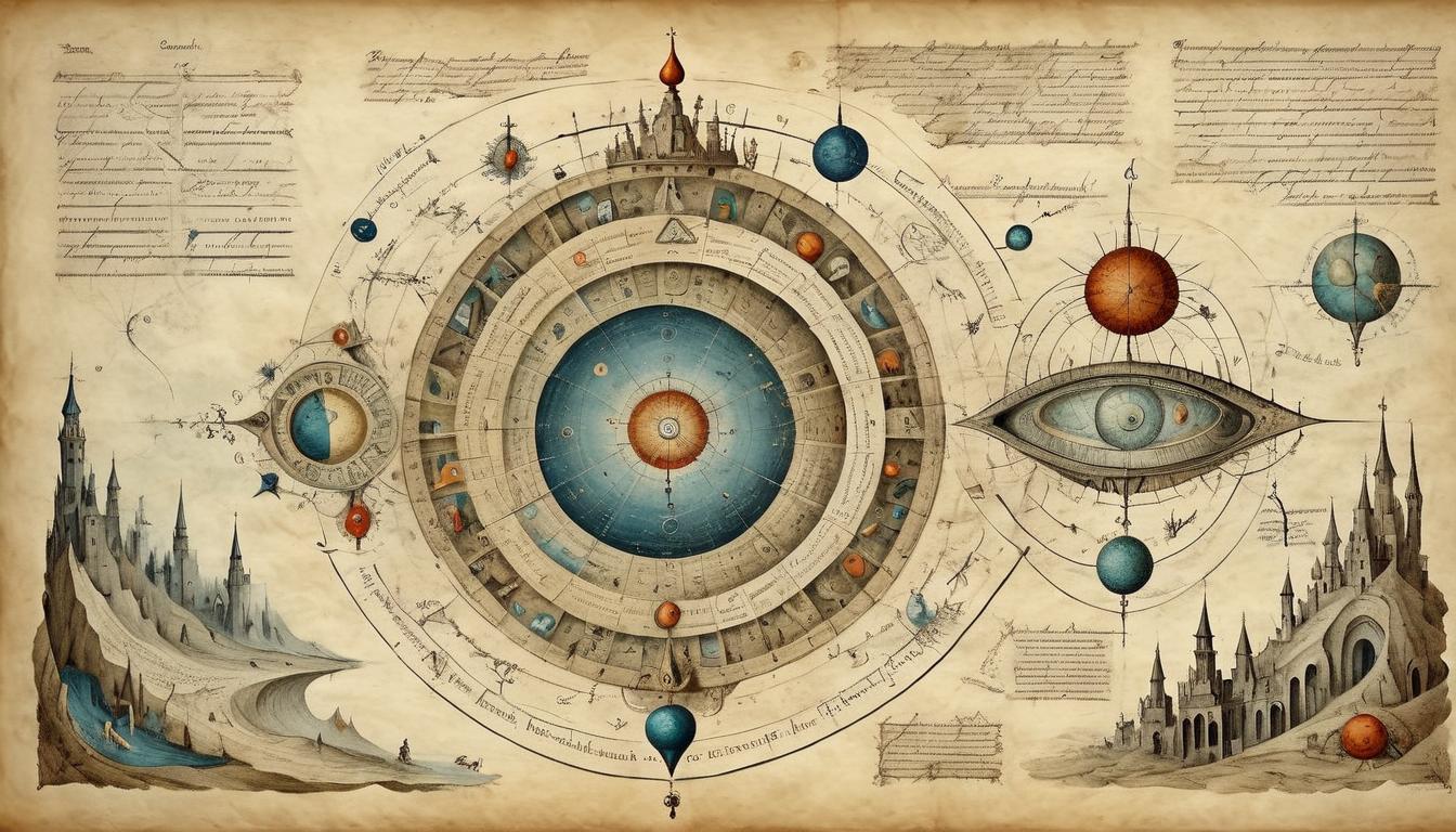  on parchment, surrealism+++, Synthesizing elements, vast information, clear understanding, interconnected data, abstract complexity(mysterious, provocative, symbolic,muted color)+++