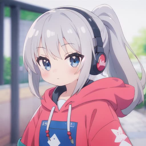  master piece , best quality,Bukavka hoodie, infant girl, headphones, silver hair ponytail.