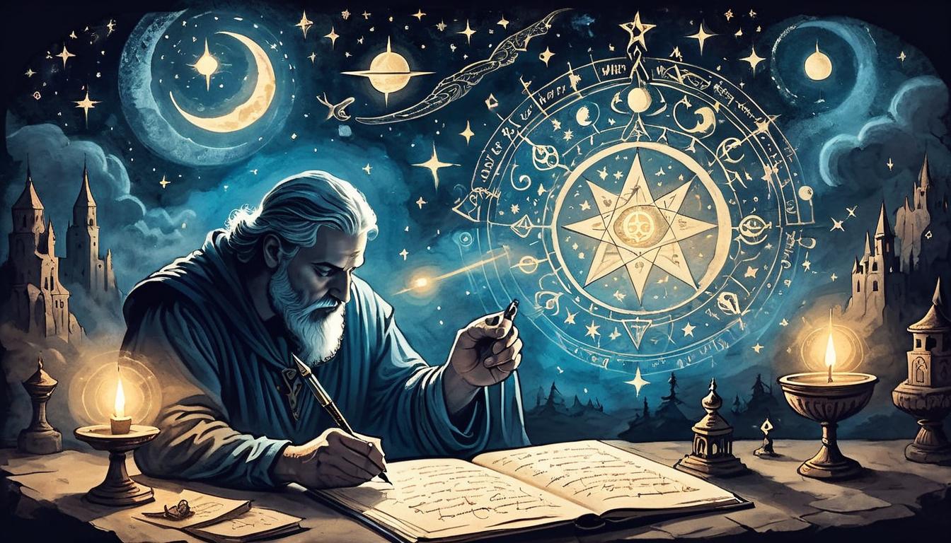  on parchment, surrealism+++, Person writing in a journal, celestial background and glowing symbols, shadows surrounding worldly concerns, introspective, divine guidance(mysterious, provocative, symbolic,muted color)+++