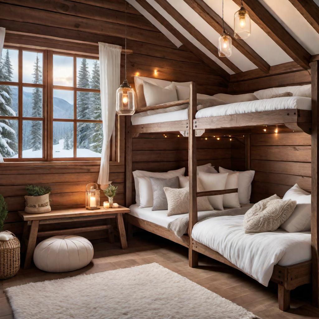  A bunk bed in a cozy cabin with lights and fluffy pillows. The interior is of wood with off white colors. Blankets are hanging off the bed and there are hanging lights from the bed. Big 3 point window with snow scene outside. hyperrealistic, full body, detailed clothing, highly detailed, cinematic lighting, stunningly beautiful, intricate, sharp focus, f/1. 8, 85mm, (centered image composition), (professionally color graded), ((bright soft diffused light)), volumetric fog, trending on instagram, trending on tumblr, HDR 4K, 8K