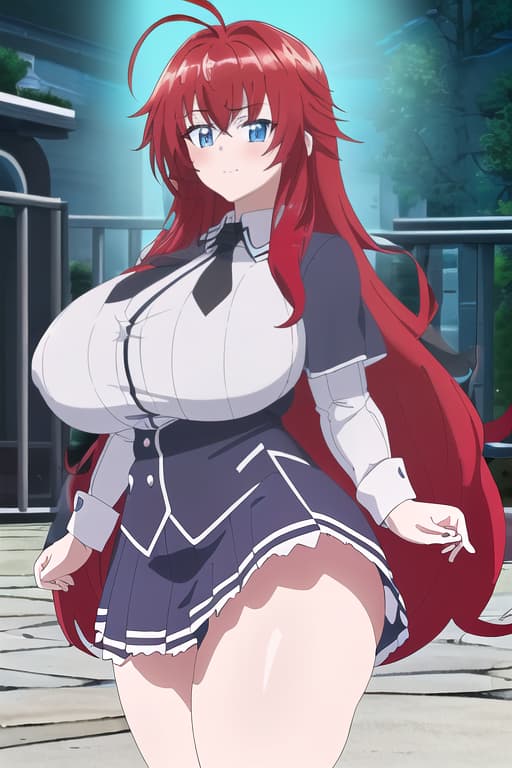  a fat in a very short arched over with a very small and tight with her looking through,masterpiece, best quality, 1women, long red hair, looking at viewer, :3, cute, black uniform, outdoors, streets, cowboy shot, curvy, (((blue eyes))), rias gremory, red hair, antenna hair, wavy hair, ((beautiful detailed eyes, beautiful detailed glow, lots of glow)), anime screencap